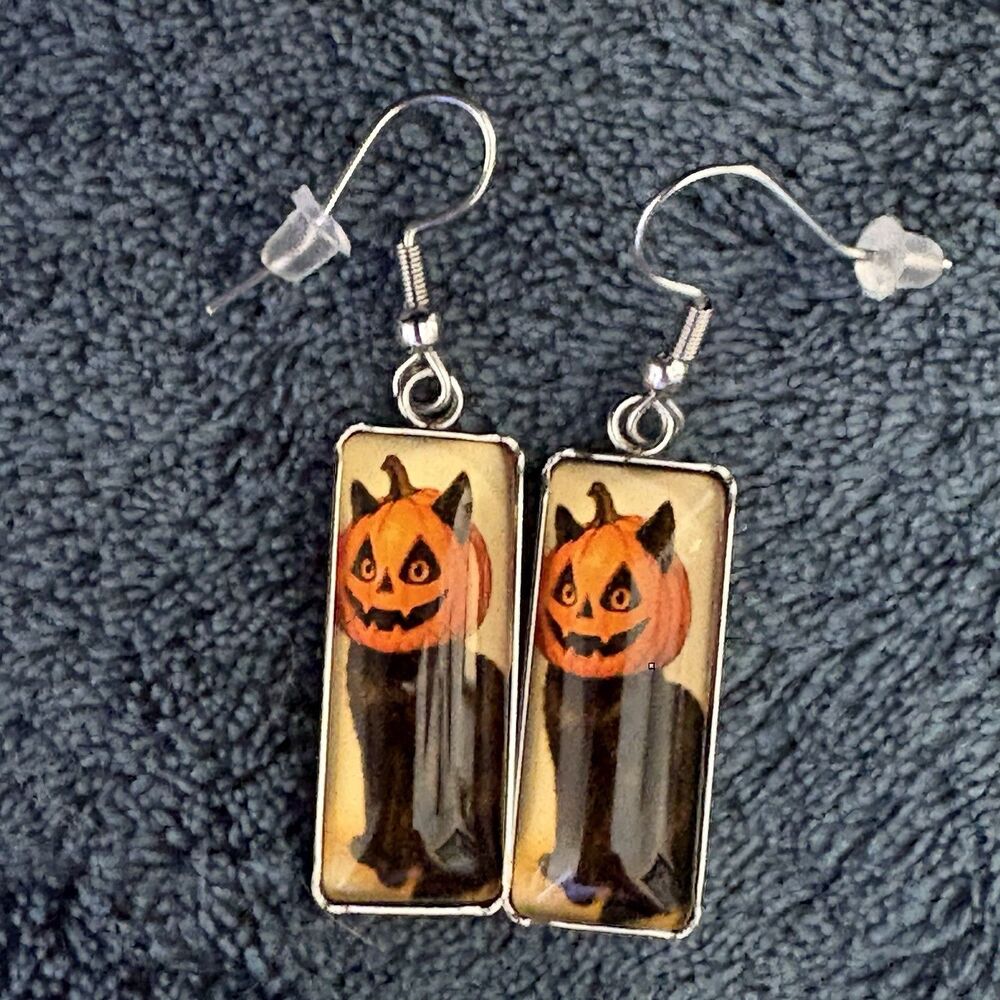 Black Cat Pumpkin Halloween Earrings Silver Tone Rectangle Dangle